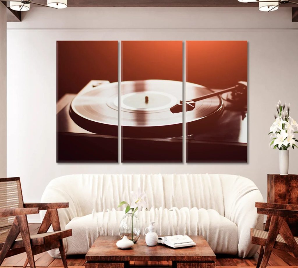 Vintage record player in three panels—great above a sofa or long console.